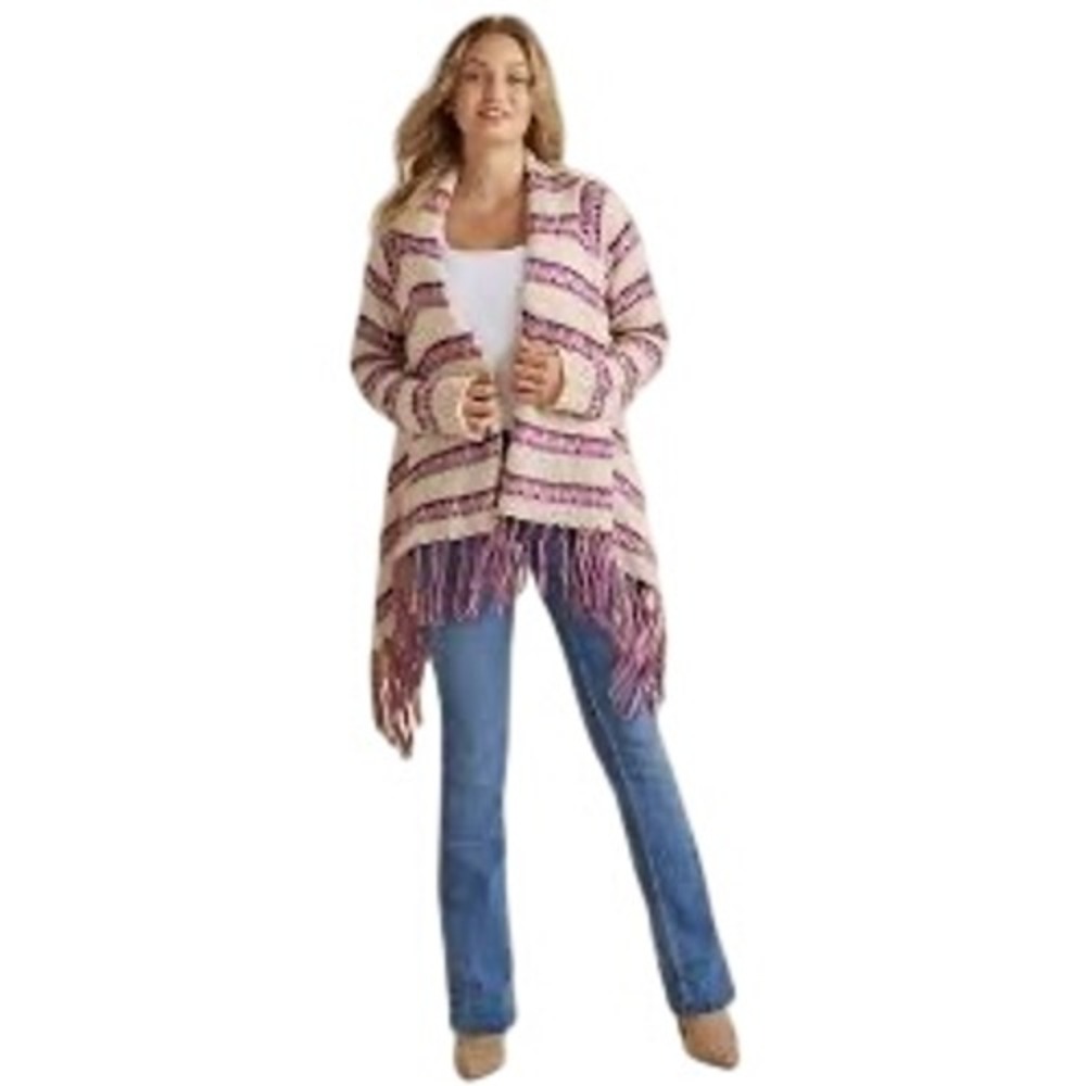 Venus Striped Fringe Open Front Cardigan Women 3X Cream Purple Boho Knit